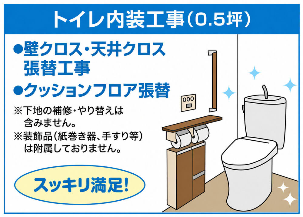 トイレ内装工事0.5坪 壁クロス・天井クロス張替工事 クッションフロア張替 下地の補修・やり替えは含みません 装飾品は附属しておりません