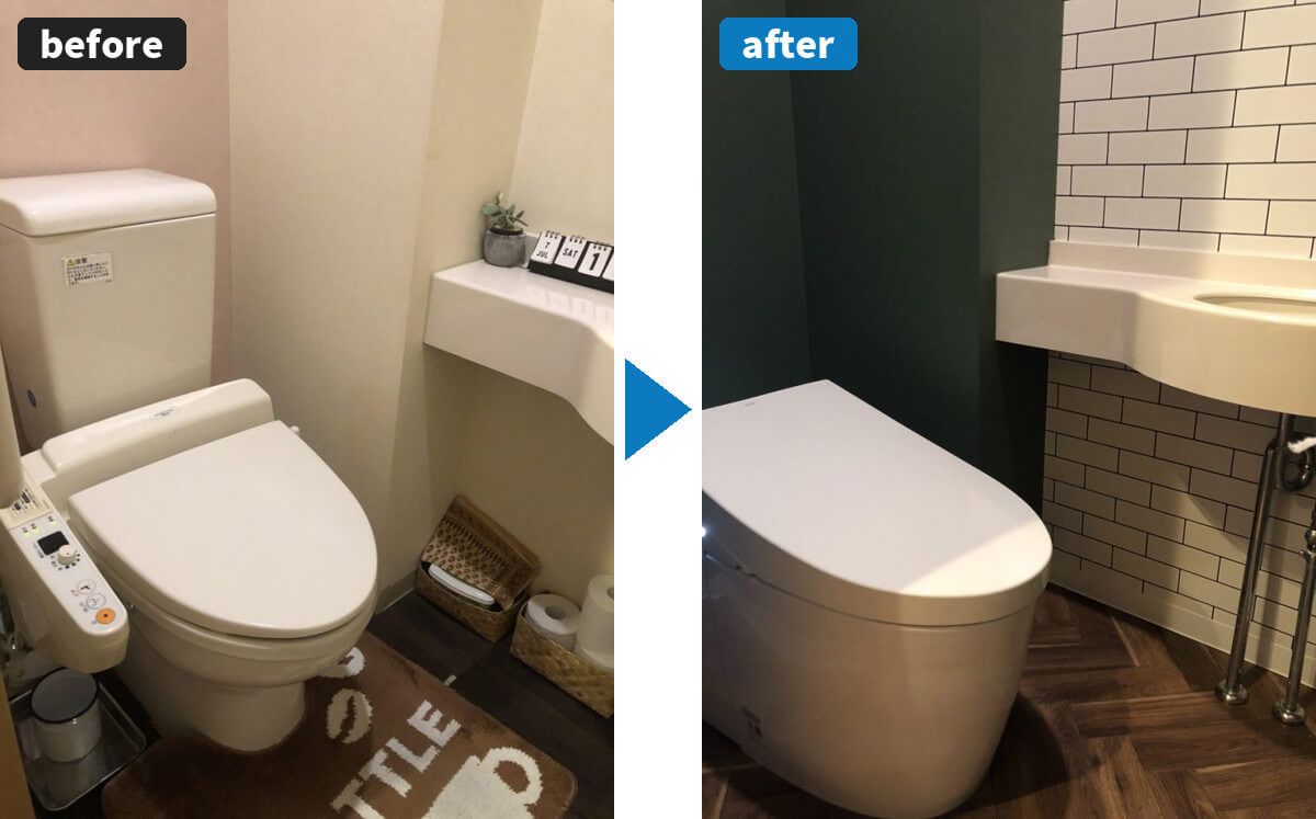 トイレリフォームの施工事例 ビフォーアフター 施工前の古いトイレから施工後のタンクレストイレと内装一新後のトイレへ