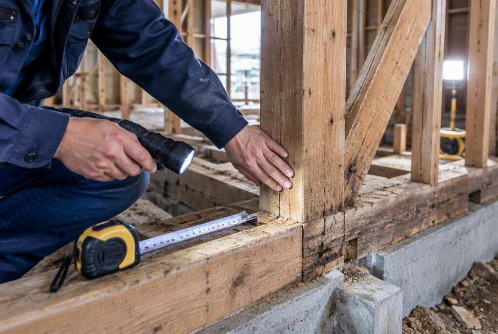 解体して現れた柱や筋かいを点検する職人の手元
